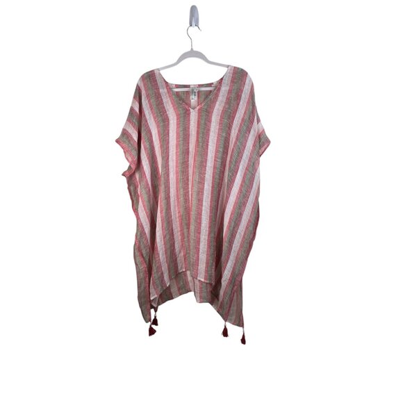 Seagull Striped V-Neck Tassel Hem Beach Cover-Up Poncho Kaftan Vacation One Size - Picture 2 of 10